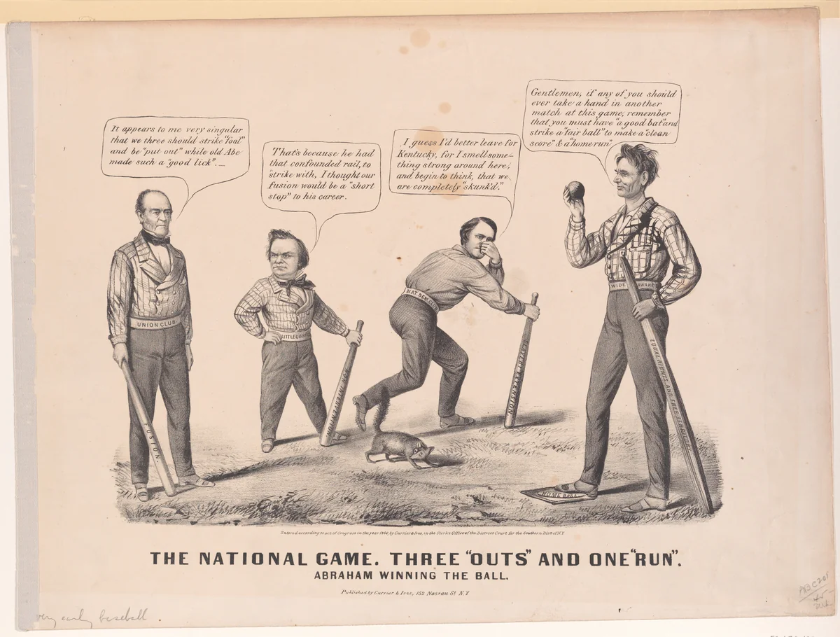 The National Game. Three "Outs" and One "Run" – Abraham Winning the Ball by Louis Maurer, print, 1860