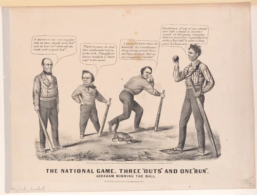 The National Game. Three "Outs" and One "Run" – Abraham Winning the Ball by Louis Maurer, print, 1860