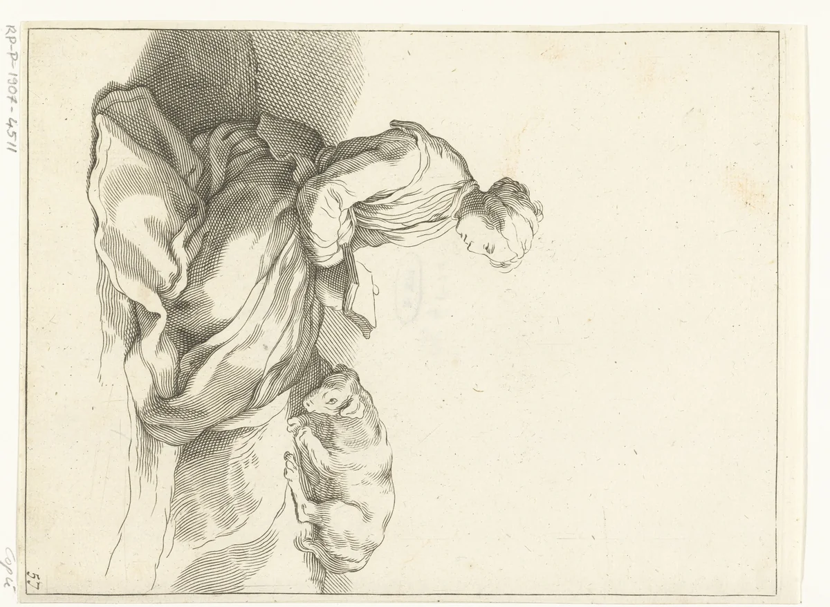 Lezende vrouw met hond by anonymous, print, 1679-1750