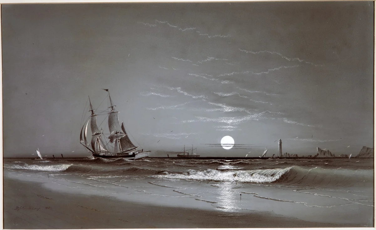 Entrance to Harbor—Moonlight by David Johnson Kennedy, artwork, 1881