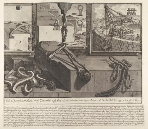 Demonstration panel showing technique for raising travertine and marble blocks for the construction of the tomb of Cecilia Metella, Rome, from "Le Antichità Romane" by Giovanni Battista Piranesi, print, 1756