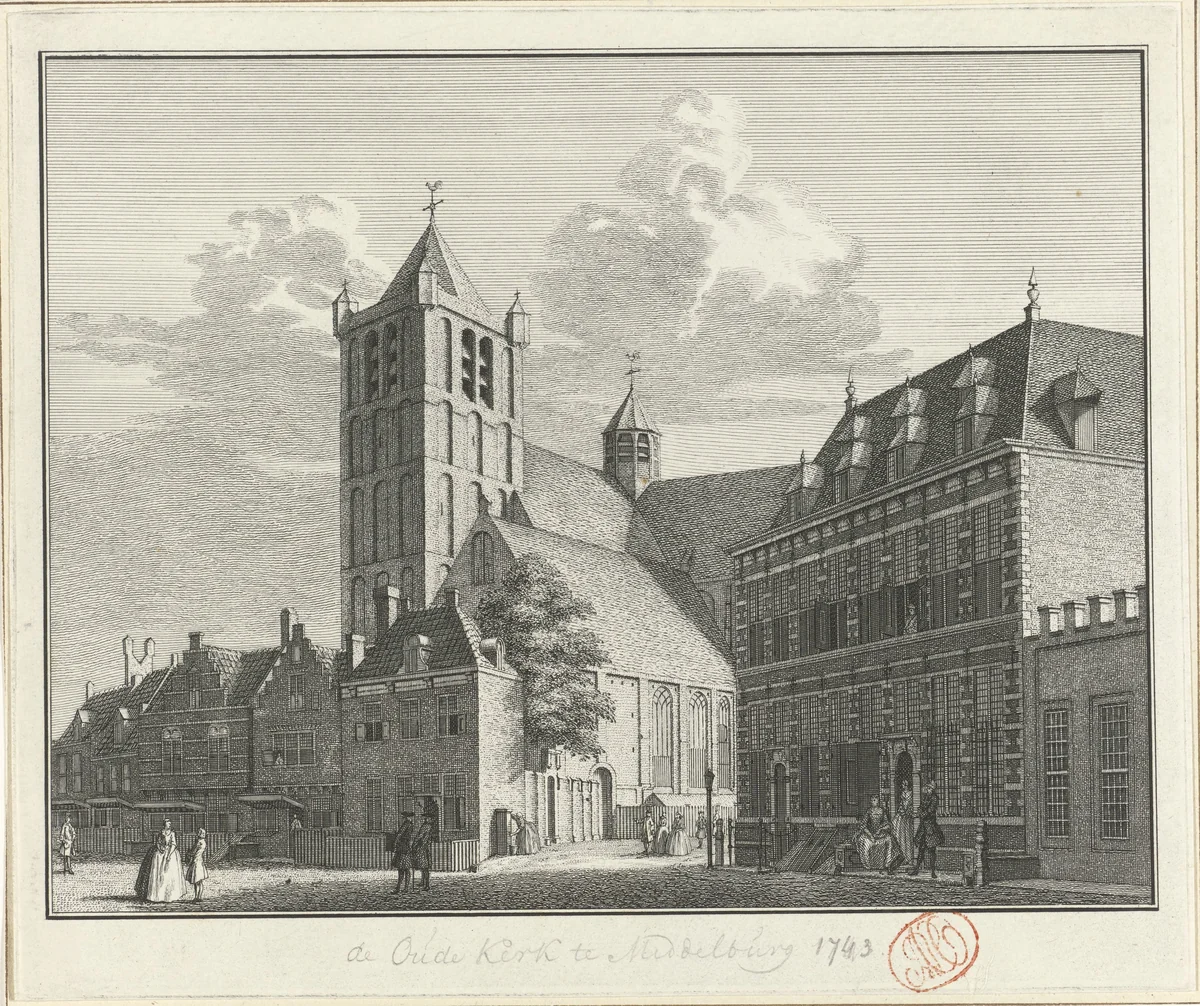 Gezicht op de Noordmonsterkerk te Middelburg, 1743 by Jan Caspar Philips, print, 1743-1751