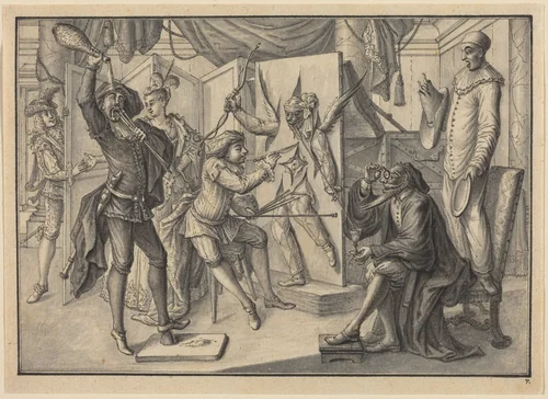 Mezzetin "Paints" a Portrait of Cupid by Cutting the Canvas to Reveal Harlequin by Johann Jacob Schübler, drawing, 1729