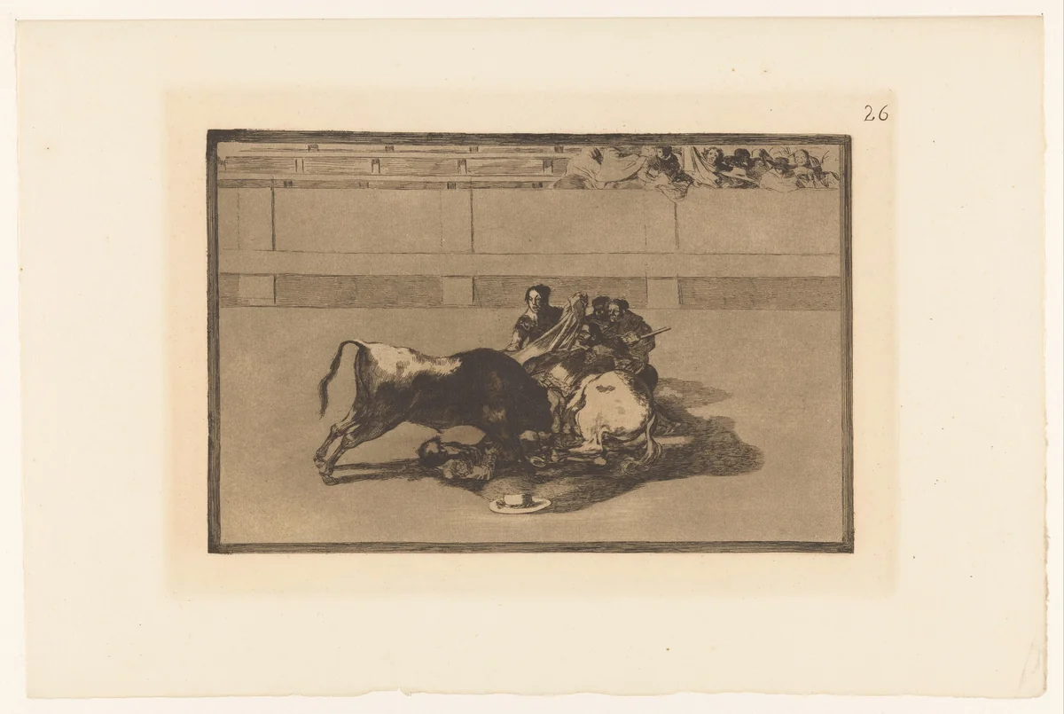 Picador van zijn paard gevallen by Francisco de Goya, print, 1876