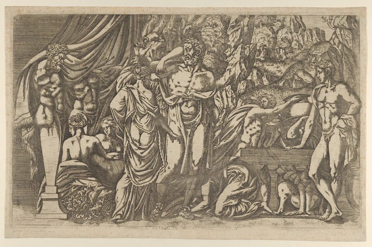 Hercules dressed as a woman by Antonio Fantuzzi, print, 1540-1545