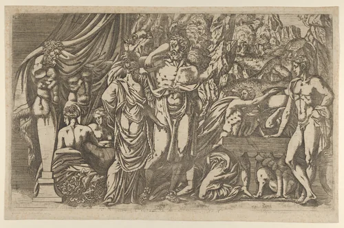 Hercules dressed as a woman by Antonio Fantuzzi, print, 1540-1545