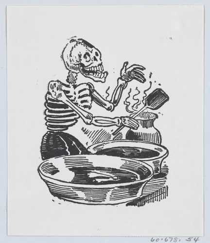 A skeleton selling hot liquid in basins, from a broadside entitled 'Una Calavera Chusca' by José Guadalupe Posada, print, 1875-1885