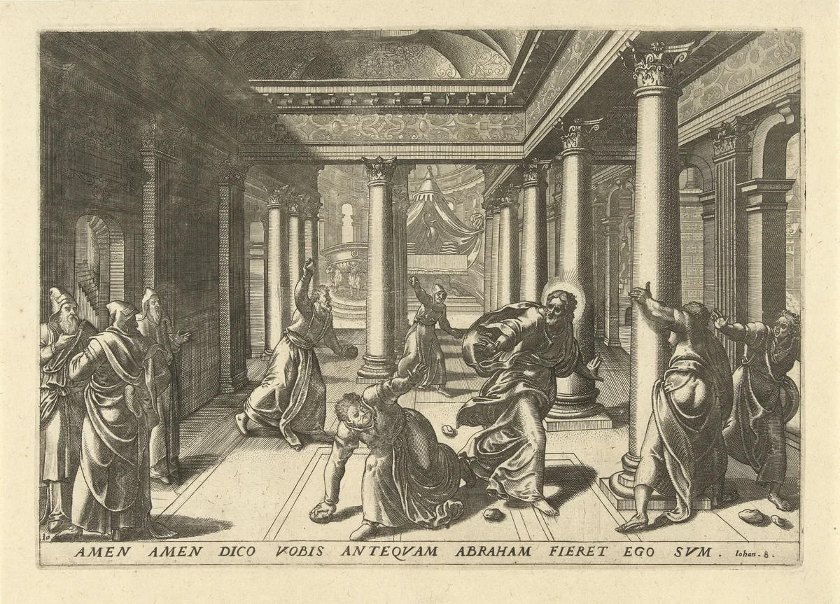 Joden en ongelovigen bekogelen Christus met stenen by Lucas van Doetechum, print, 1572