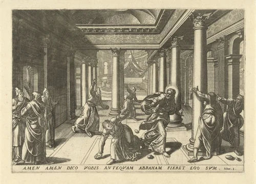 Joden en ongelovigen bekogelen Christus met stenen by Lucas van Doetechum, print, 1572