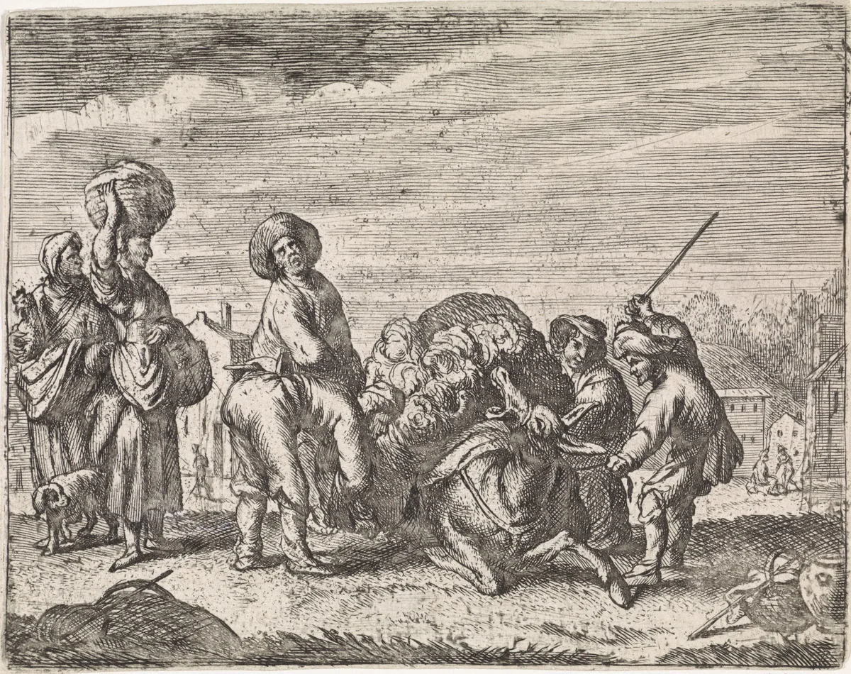 De balkende ezel by Cornelis de Wael, print, 1630-1648