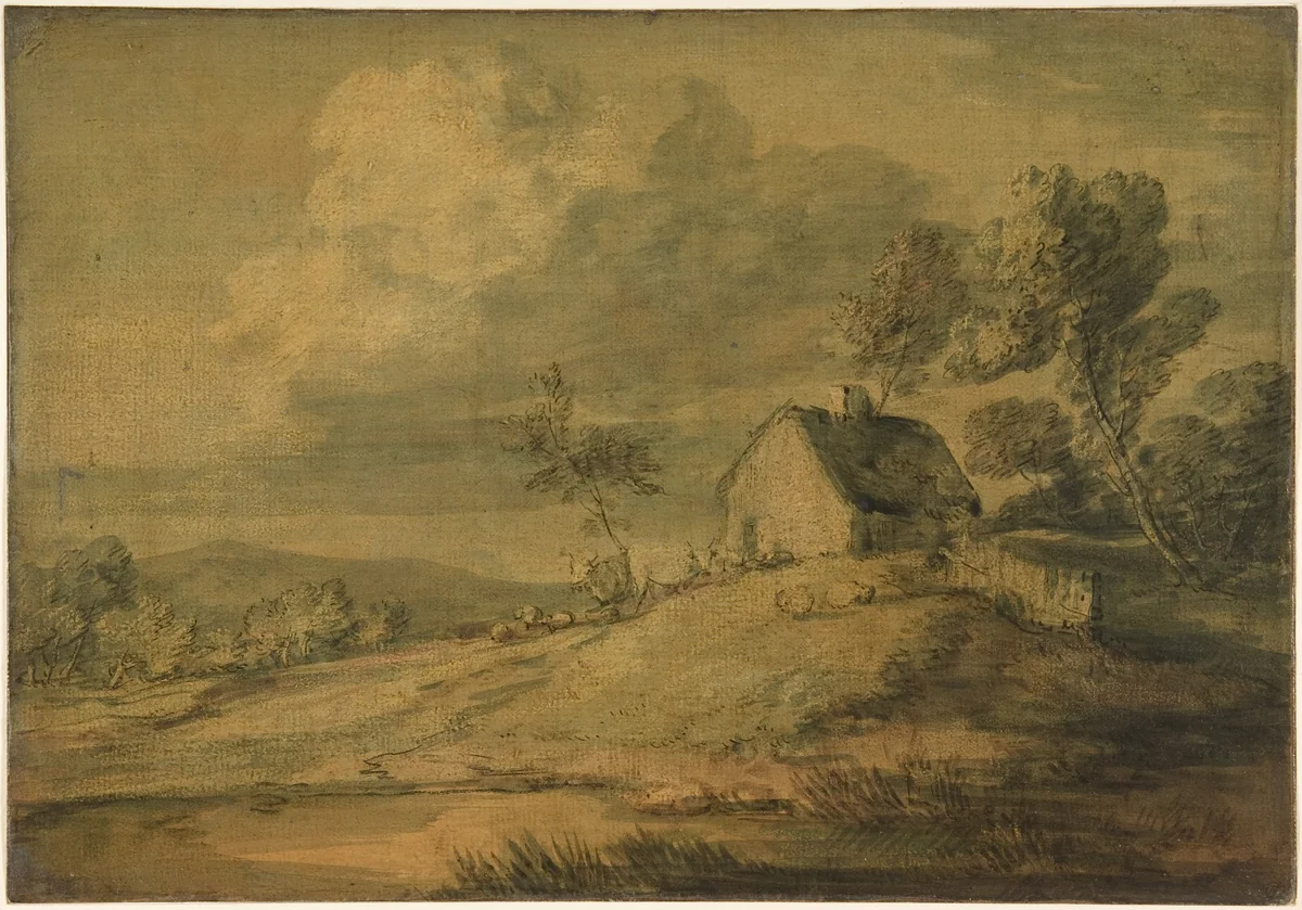 Wooded Landscape with Cottage, Cows and Sheep by Thomas Gainsborough, drawing, 1765-1775