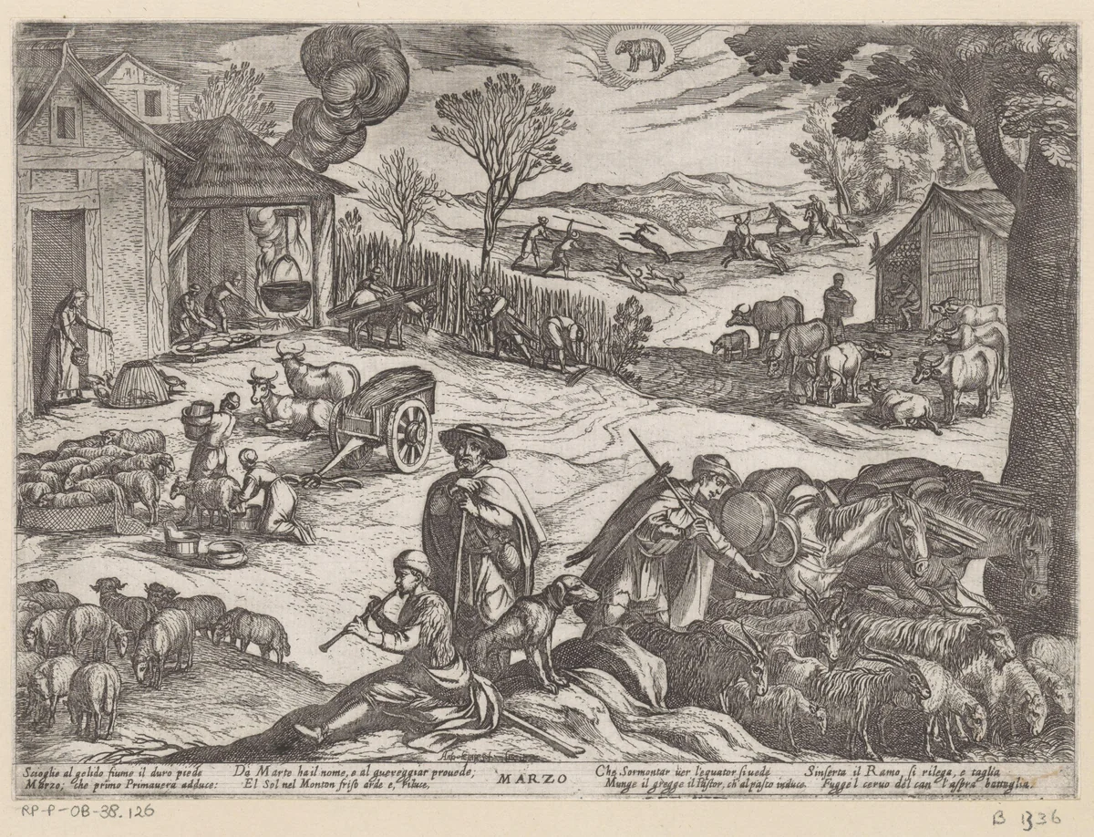 Maart: boeren activiteiten (ram) by Antonio Tempesta, print, 1599