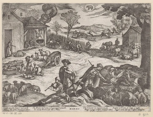 Maart: boeren activiteiten (ram) by Antonio Tempesta, print, 1599