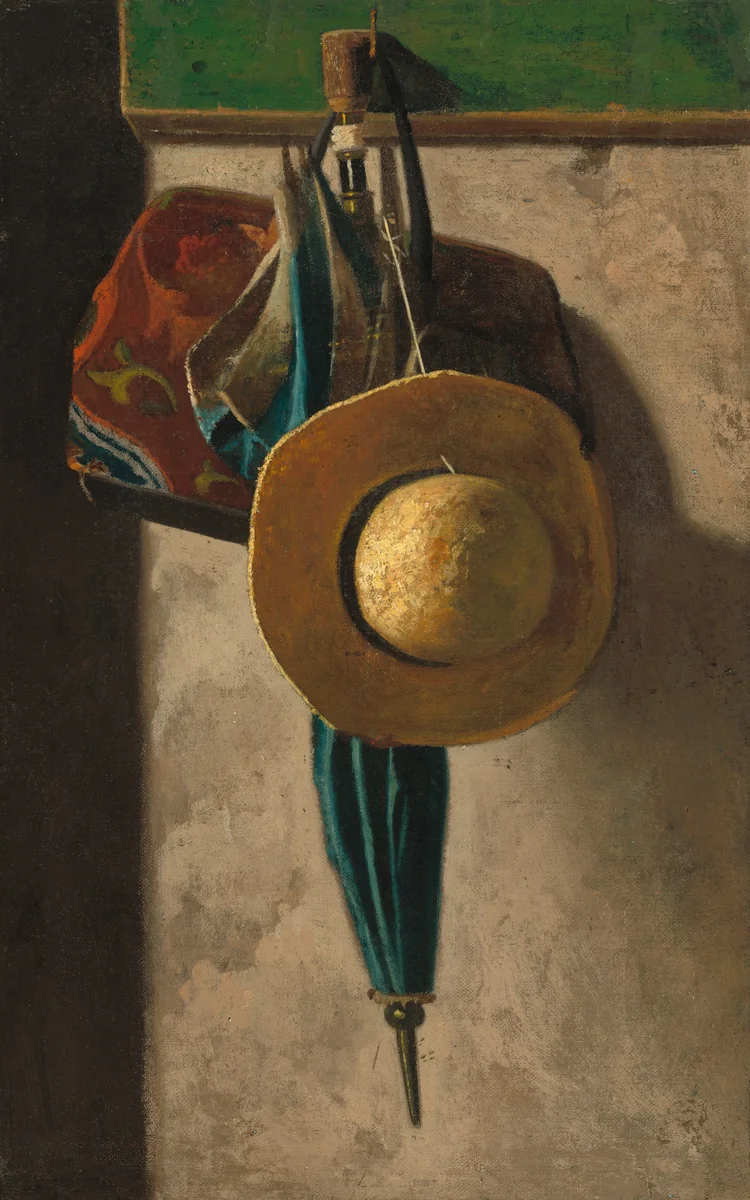 Straw Hat, Bag, and Umbrella by John Frederick Peto, painting, 1890-1907