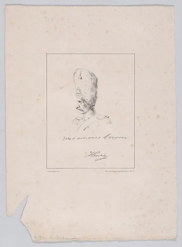 Profile bust of an officer in a bear fur hat by Delaunois, print, 1830-1840