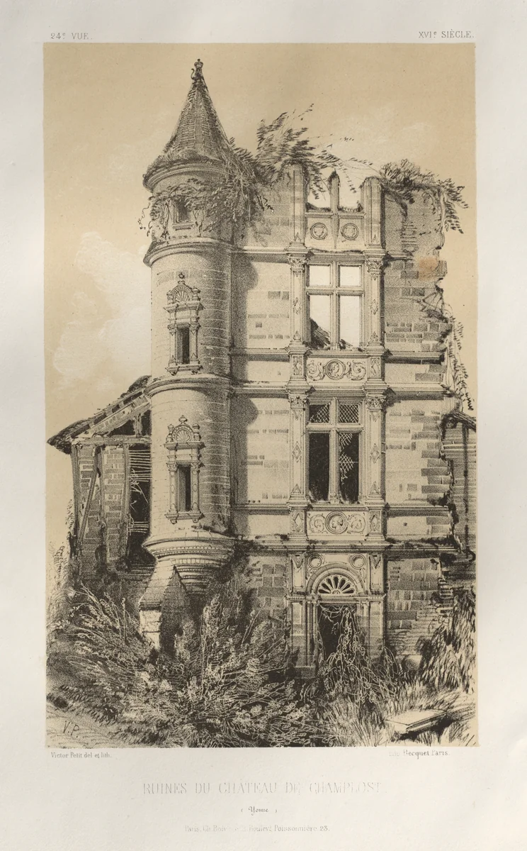 Architecture Pittoresque ou Monuments des xveme. Et xvieme. Siecles: Chateaux De France des XV et XVI Siecles: Pl. 24, Ruines Du Chateau De Champlost (Yonne) by Victor Petit, print, 1860