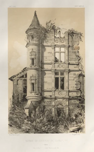 Architecture Pittoresque ou Monuments des xveme. Et xvieme. Siecles: Chateaux De France des XV et XVI Siecles: Pl. 24, Ruines Du Chateau De Champlost (Yonne) by Victor Petit, print, 1860