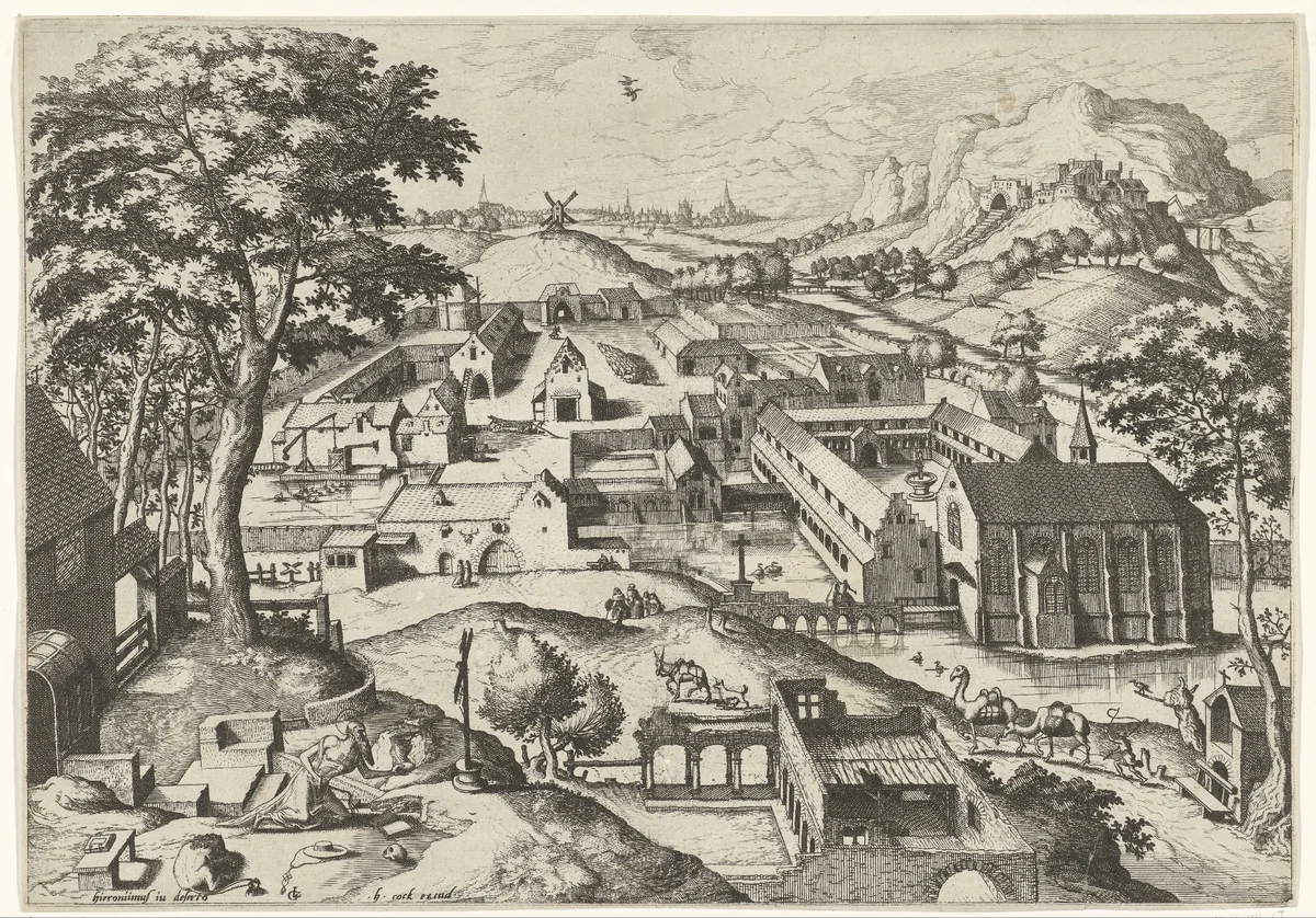 Landschap met de heilige Hieronymus by Johannes of Lucas van Doetechum, print, 1560-1564