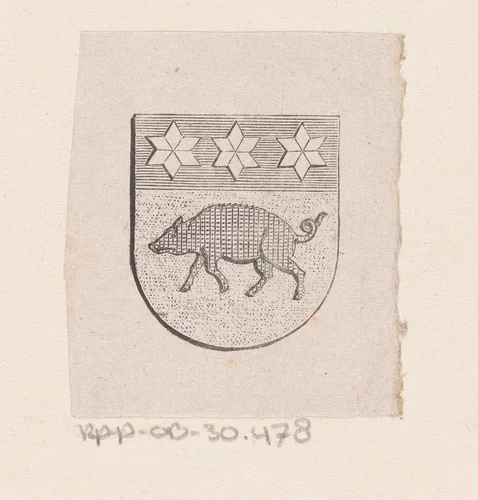 Vignet met een wapen met daarop een varken by Isaac Weissenbruch, print, 1836-1912