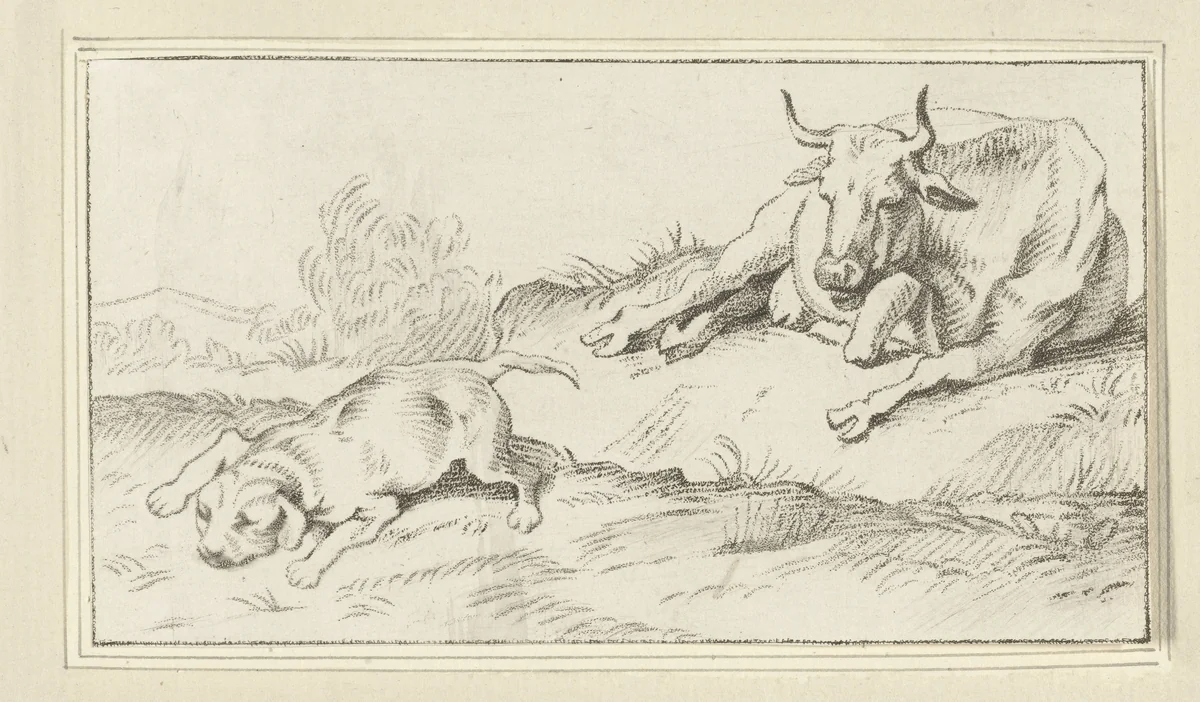 Koe en hond by Jacobus Buys, print, 1740-1801