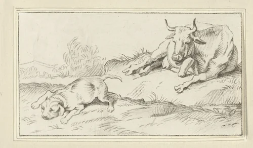 Koe en hond by Jacobus Buys, print, 1740-1801