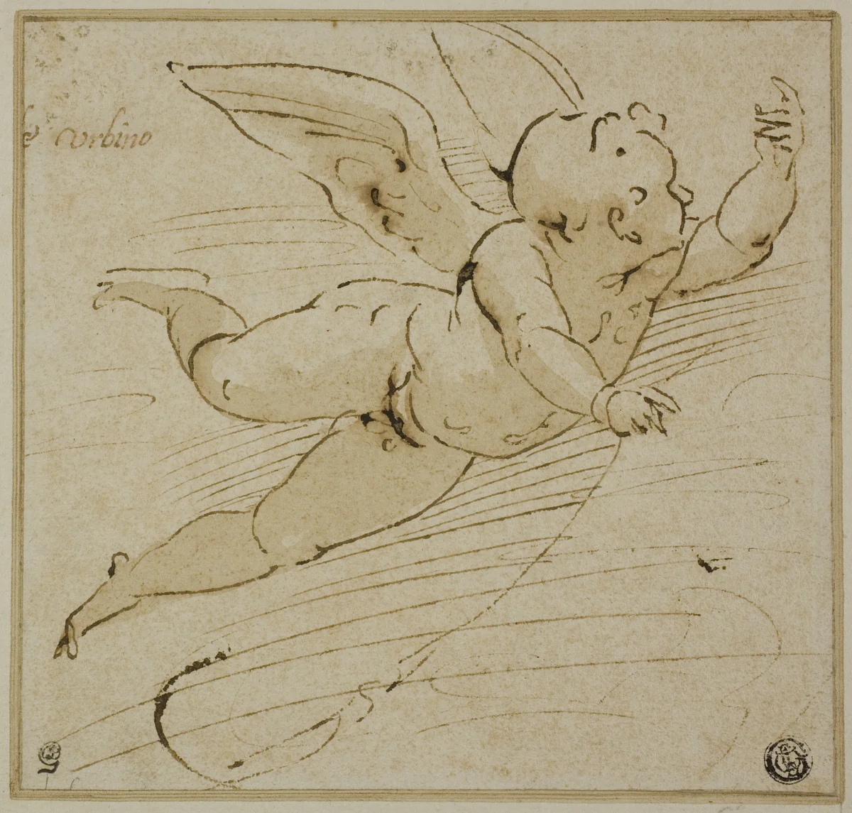 Flying Putto by Francesco da Urbino, drawing, 1576-1586