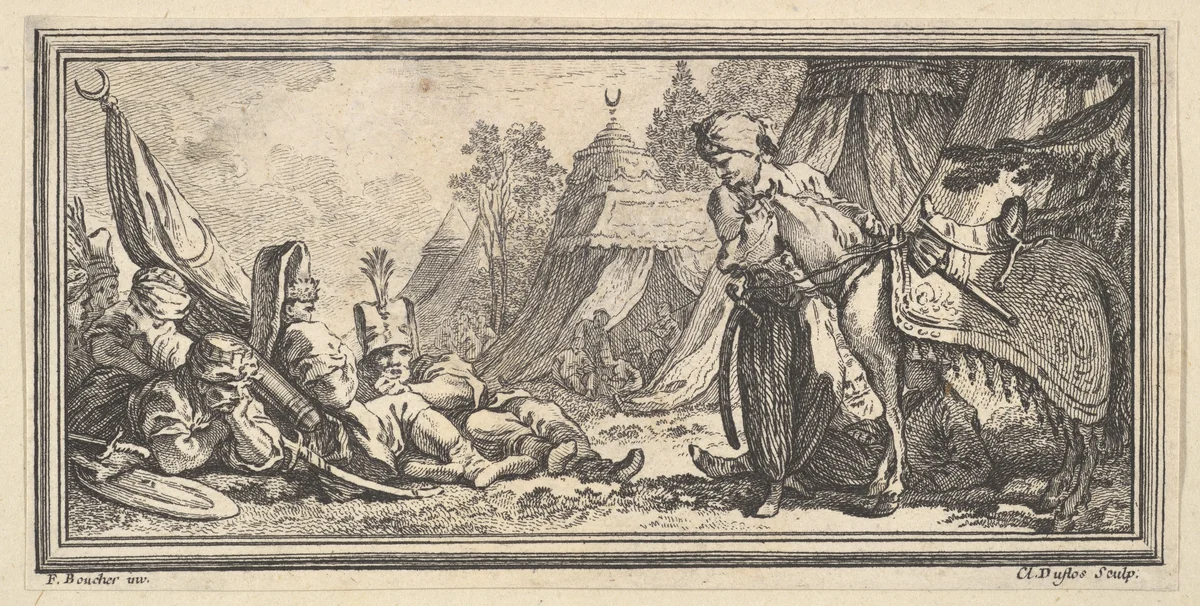 Turkish Soldiers Resting by Claude Augustin Duflos le Jeune, print, 1746-1747