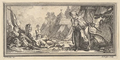 Turkish Soldiers Resting by Claude Augustin Duflos le Jeune, print, 1746-1747