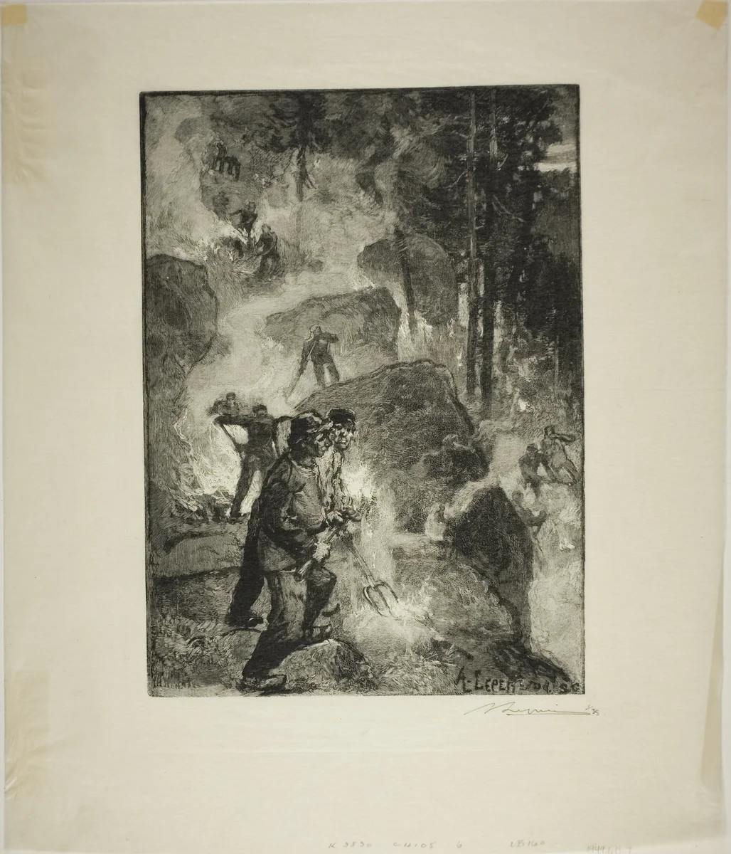 Fern Burners in the Forest by Louis Auguste Lepère, print, 1887