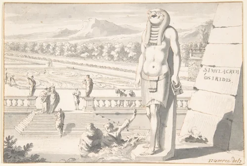 Statue of Osiris in a Garden by Jan Goeree, drawing, 1690-1704