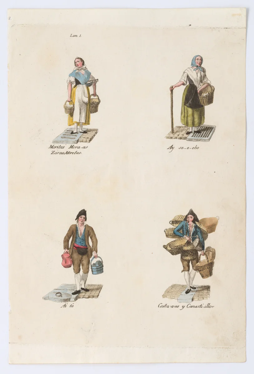 Plate 1: four street vendors from Madrid selling blueberries, onions, tea, and baskets, from 'Los Gritos de Madrid' (The Cries of Madrid) by Miguel Gamborino, print, 1809-1817