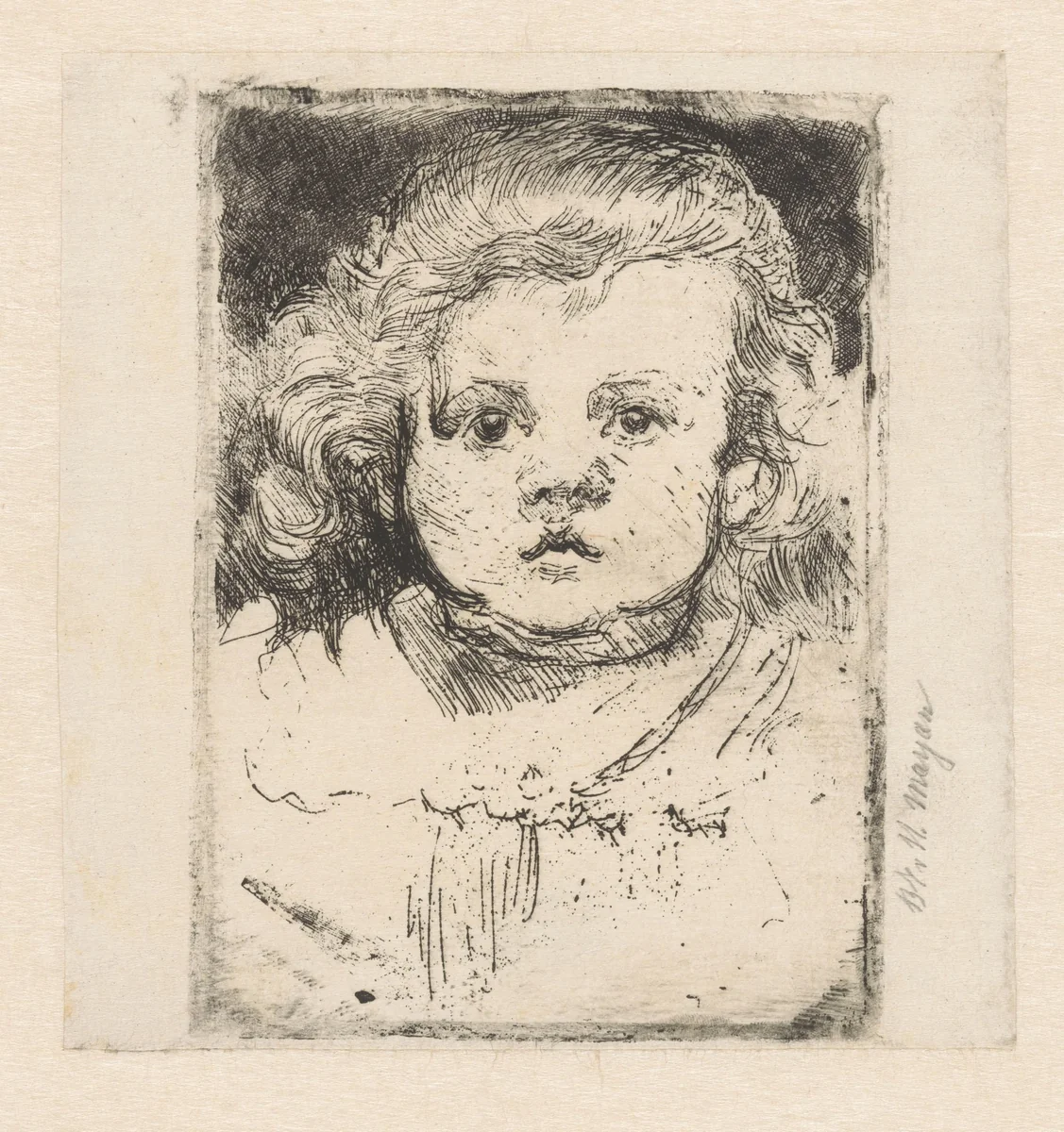 Portret van M.A. van Houten als kind met krullend haar by Barbara van Houten, print, 1877-1950
