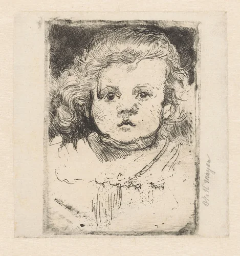 Portret van M.A. van Houten als kind met krullend haar by Barbara van Houten, print, 1877-1950