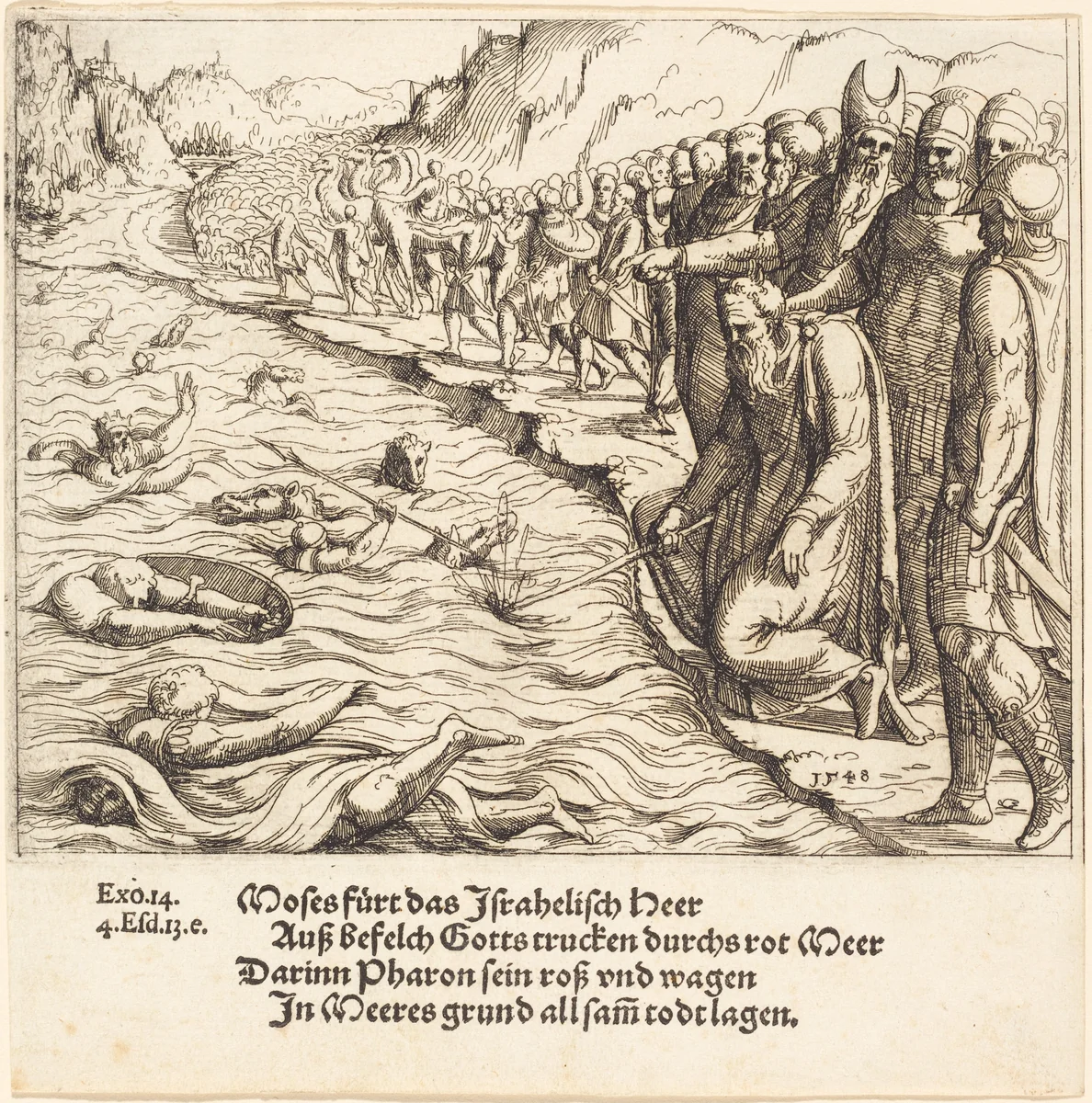 Moses Closing the Red Sea by Augustin Hirschvogel, print, 1548