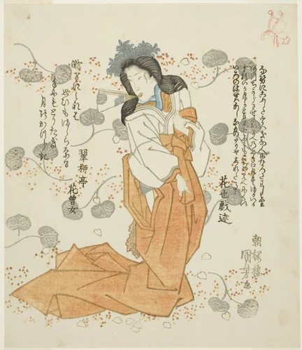 Women holding fan in her mouth by Utagawa Kuniyoshi (歌川國芳), print, 1825-1845