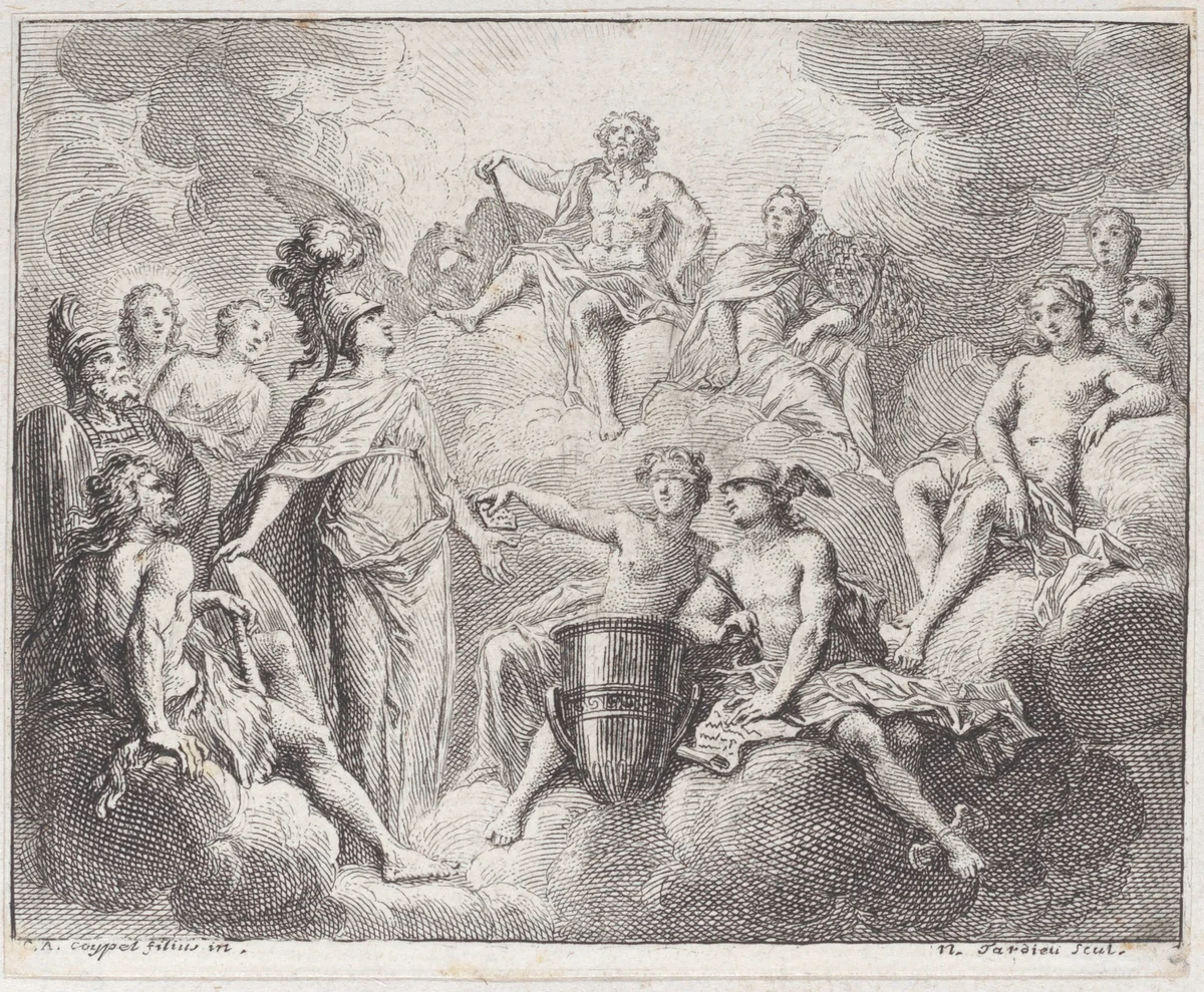 Book 1, Fable 13: the Lottery of Jupiter (La Lotterie de Jupiter), from "Fables Nouvelles" by Nicolas Henry Tardieu, print, 1719