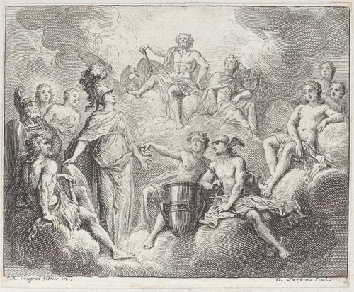 Book 1, Fable 13: the Lottery of Jupiter (La Lotterie de Jupiter), from "Fables Nouvelles" by Nicolas Henry Tardieu, print, 1719