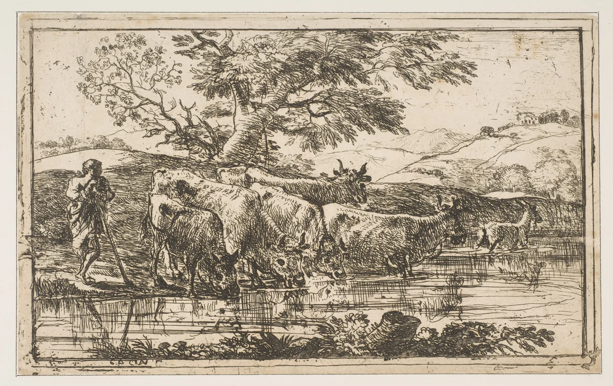 The Herd at the Watering Place by Claude Lorrain, print, 1635