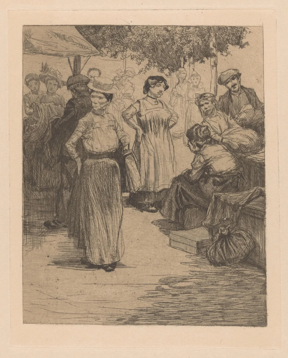 Mannen en vrouwen op een markt by Johannes Josephus Aarts, print, 1881-1934