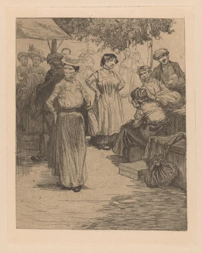 Mannen en vrouwen op een markt by Johannes Josephus Aarts, print, 1881-1934