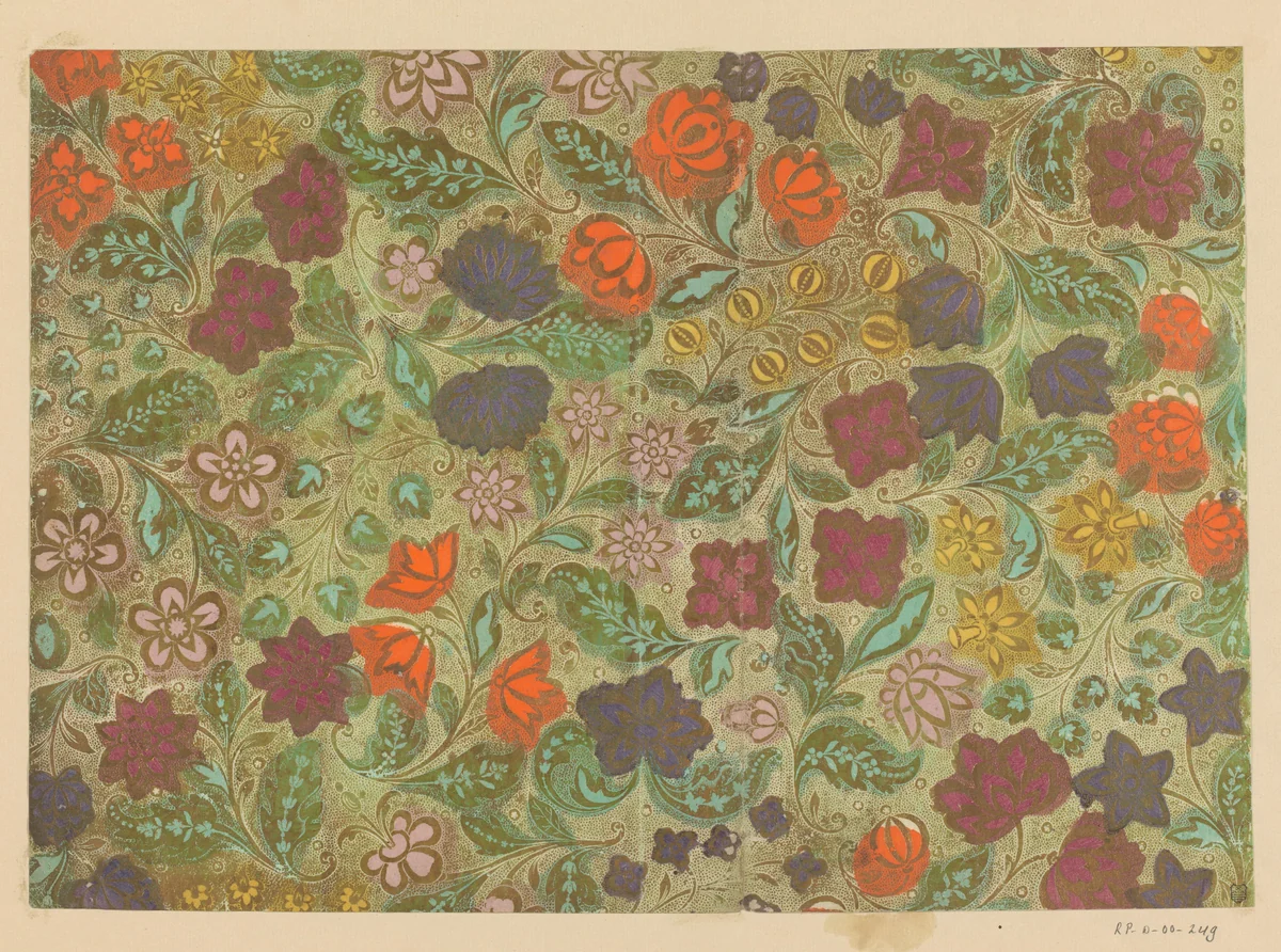 Blad met ranken met bloemen en vruchten met puntenfond by Georg Christoph Stoy, other, 1703-1750