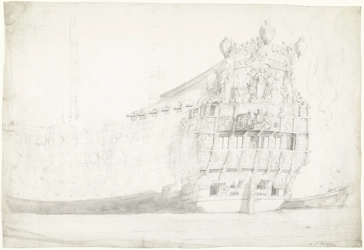 Het Engelse oorlogsschip St. Michael by Willem van de Velde, drawing, 1669-1707