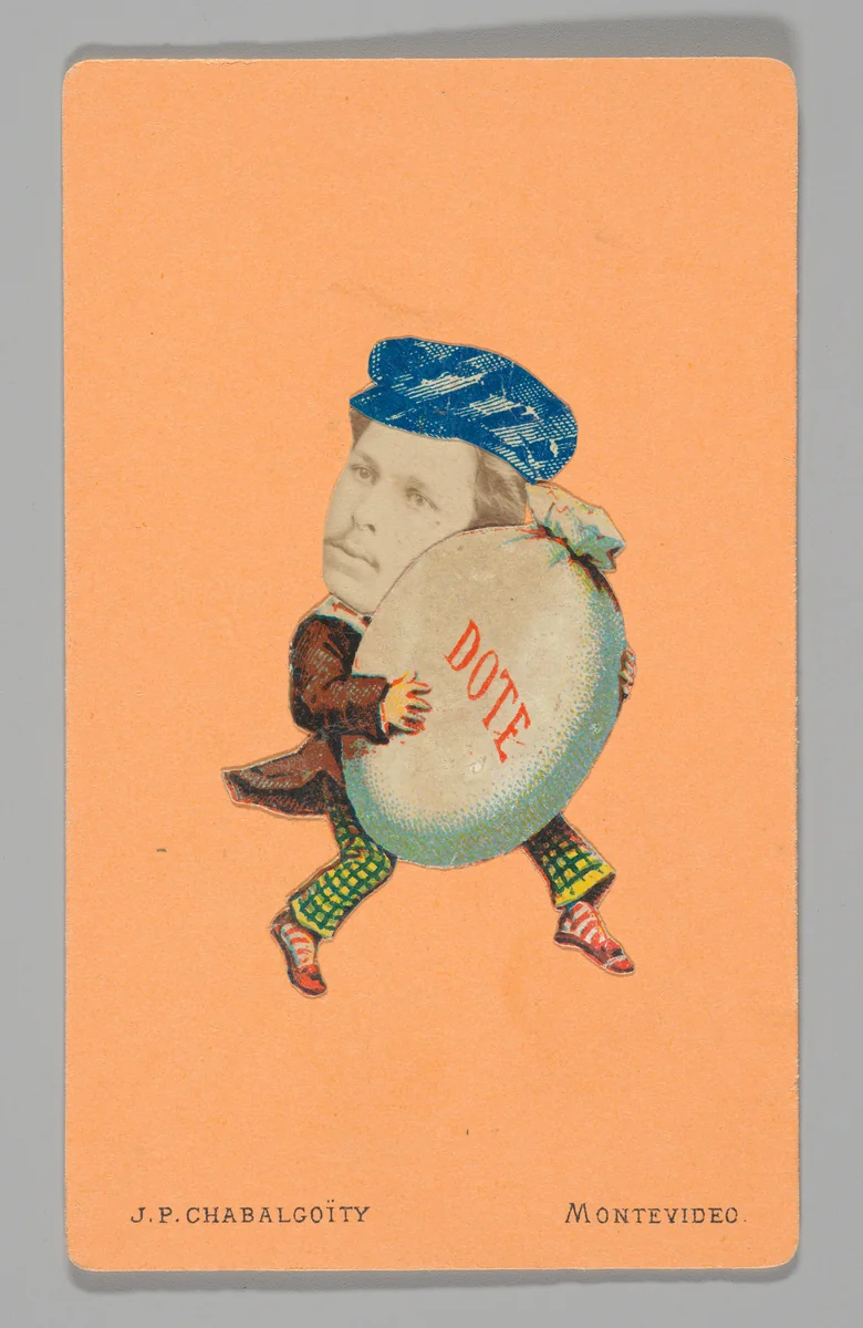 [Photo Collage: Man Holding Bag Inscribed "DOTE"] by Juan Pedro Chabalgoity, photograph, 1870-1880