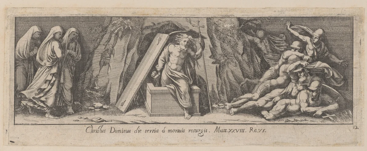 Plate 12: The Resurrection, after a lost fresco in the basamento of Bay 13 of the Vatican Loggia by Pietro Santi Bartoli, print, 1650-1677
