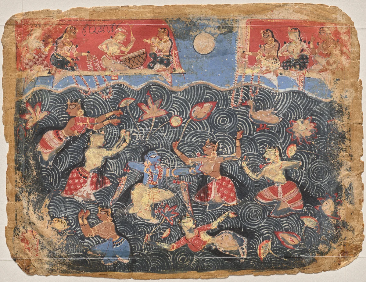 Krishna sporting with the gopis in the Jumna River, from a Bhagavata Purana by Unknown, painting, 1520-1545