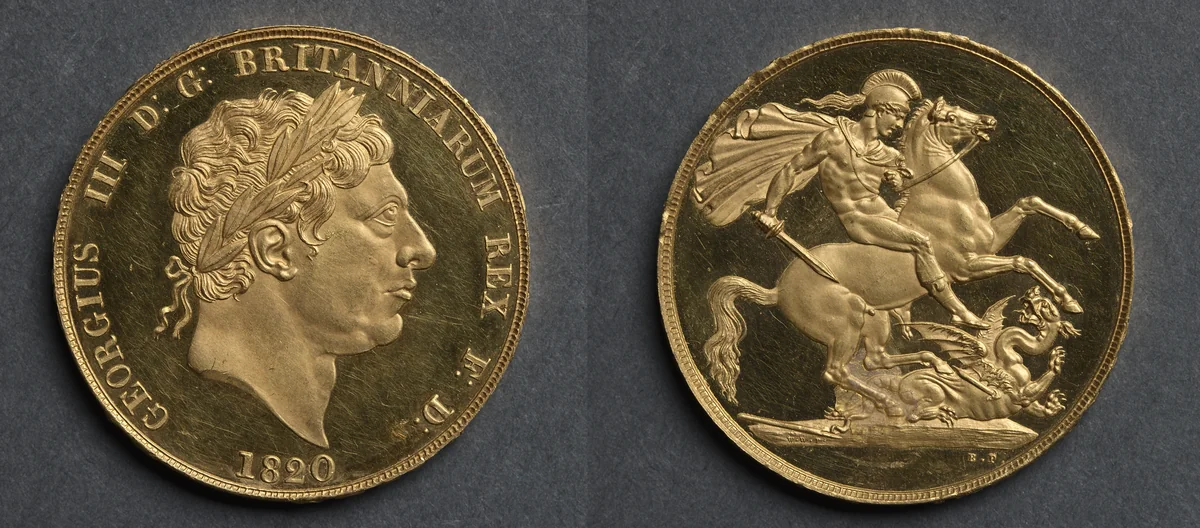 Two Pound Piece: George III (obverse); St. George and the Dragon (reverse) by Benedetto Pistrucci, metalwork, 1820