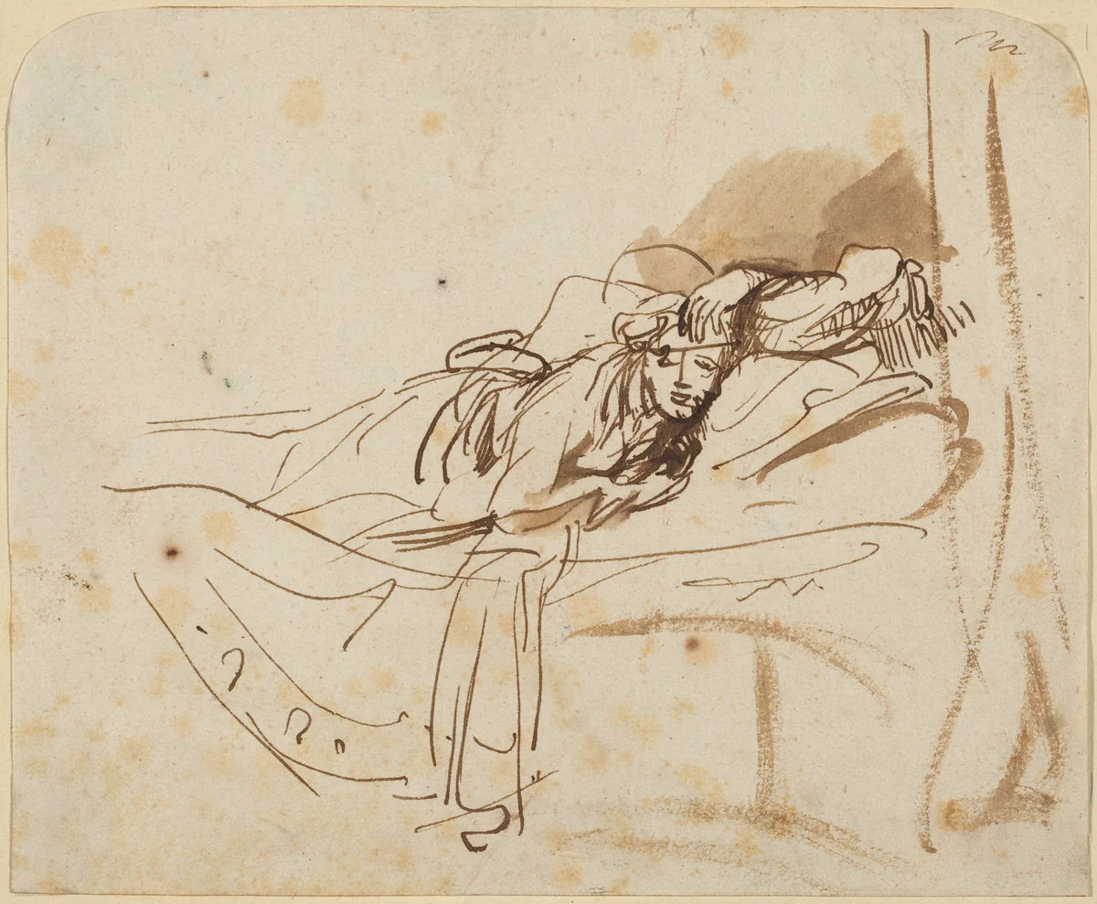 Saskia(?) Lying in Bed by Rembrandt van Rijn, drawing, 1638
