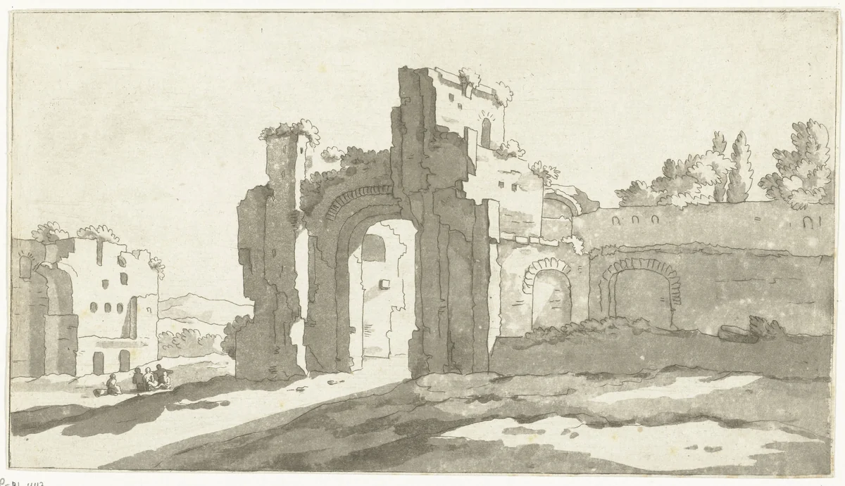 Ruïnes van de grote zaal van de Thermen van Caracalla, Rome by Anthonie van den Bos, print, 1778-1838