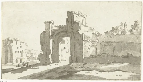 Ruïnes van de grote zaal van de Thermen van Caracalla, Rome by Anthonie van den Bos, print, 1778-1838