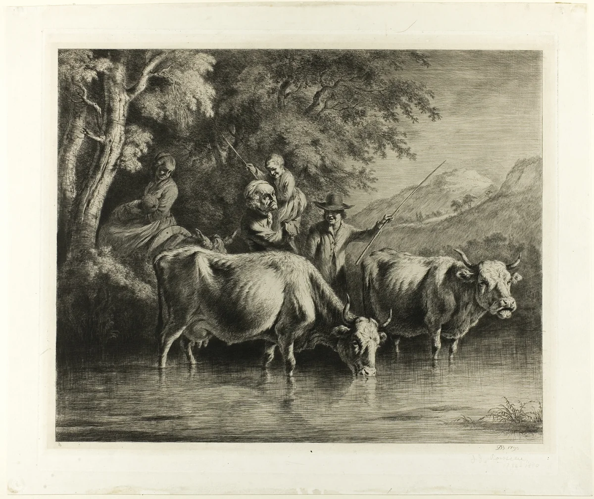 Cattle and Peasants Fording a Stream by Jean Jacques de Boissieu, print, 1756-1810